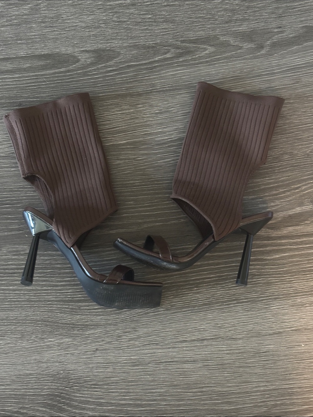 Brown Ribbed Sock-Style High Heel Sandals